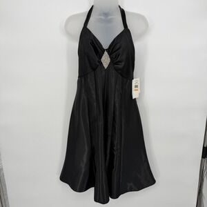 Jessica McClintock Gunne Sax Sz 7 Black Satin Halter Mini Dress Rhinestone Y2K